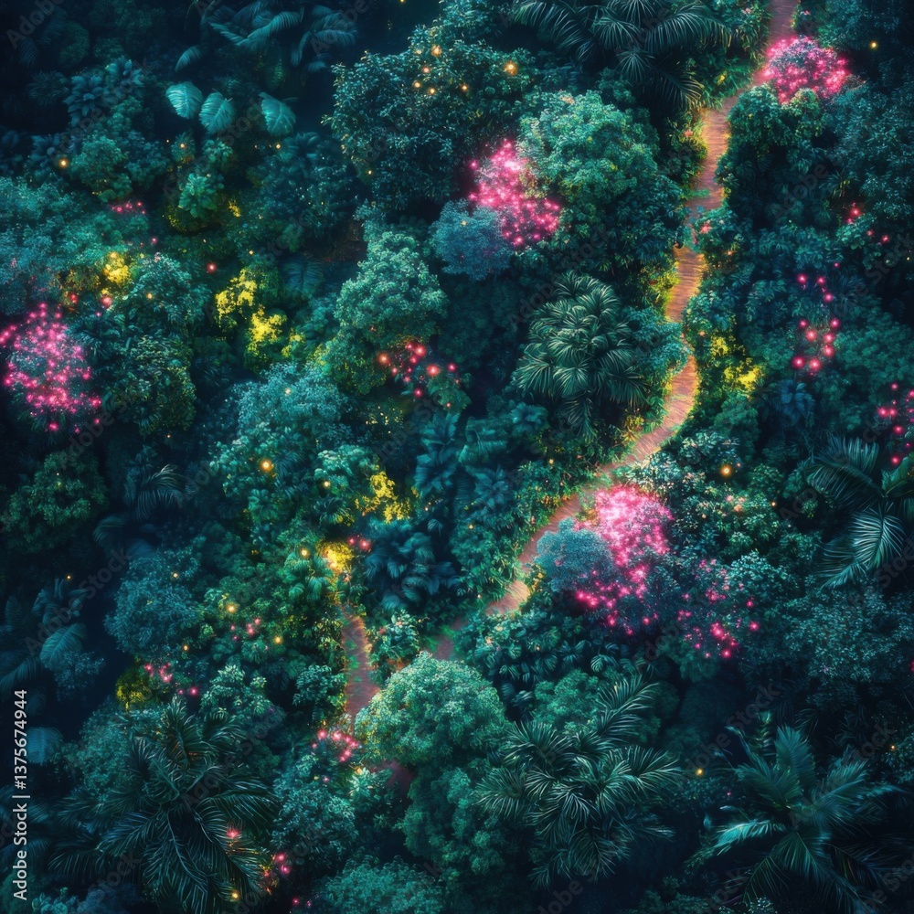 Naklejka premium Enchanted Forest Pathway with Glowing Flowers at Night