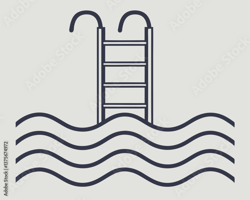 Simple line art illustration of a swimming pool ladder entering wavy water.