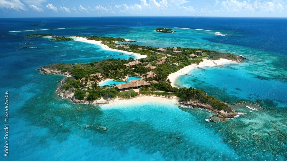 Fototapeta premium Aerial view of a tropical island paradise with pristine beaches, turquoise water, lush vegetation, and luxury resort.