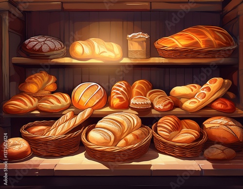 fresh bread on bakery counter different types of delicious bread loaves bread buns bread rolls baguettes and bagels on baker shop shelves in baskets generative ai