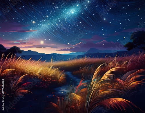 serene night scene with tall grass under a starry sky