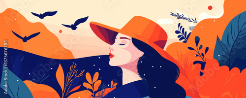Tranquil woman in orange hat amidst autumn foliage and birds in scenic landscape - vector.