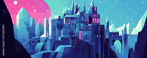 Majestic fantasy castle under starry night sky in mountainous landscape - vector.