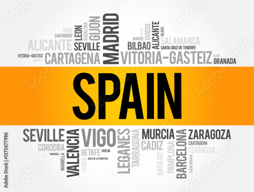 List of cities in Spain word cloud, Spanish municipalities, business and travel concept background