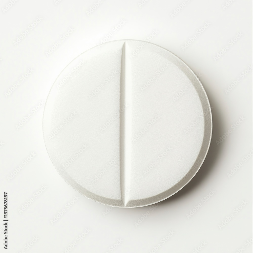 Close-up of Single Round White Pill with Score Mark on White Background Close-up of Single Round White Pill with Score Mark on White Background