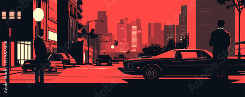 Retro urban night scene with silhouetted figures and cars in red tones, vector.