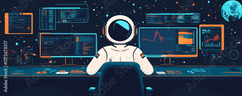 Astronaut at control center analyzing space data with multiple screens in orbit, digital art - vector.