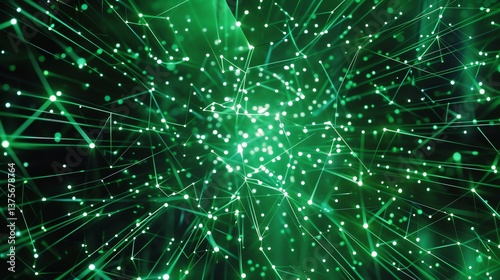 Glowing green particles form a complex network of connections, creating a sense of depth and movement.