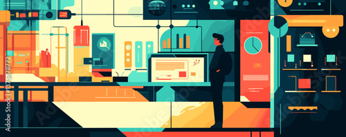 Futuristic office space with digital screens and modern design – vector.