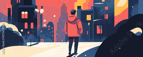 Person strolling through winter cityscape at sunset, urban landscape vector.