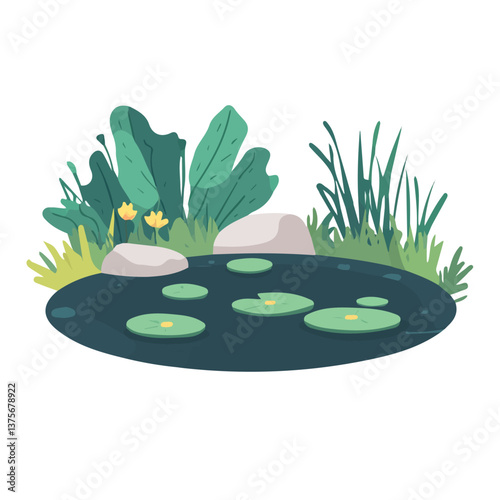 Flat vector still pond, minimalist design, isolated on a white background.

