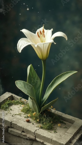 Vibrant white lily flower on a stone pedestal with a cosmic background, symbolizing hope and renewal for Easter