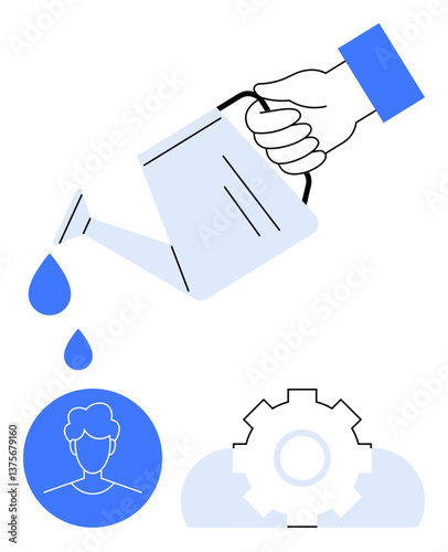Hand with watering can dripping water onto user profile and gear. Growth, development, innovation, progress, teamwork, potential, skill-building. Ideal for enhancement management flat simple