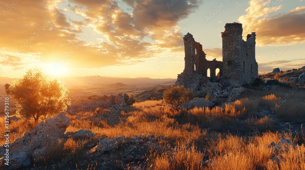 Fototapeta premium Sunset over ancient stone tower ruins in a dry, grassy landscape.