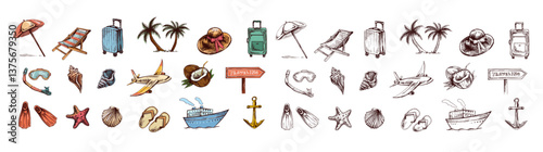 Hand drawn colored and monochrome sketch set of travel icons. Sea  Tourism and adventure icons. Сlipart with travelling elements:  transport, palm, seashells,  luggage, beach, diving equipment.