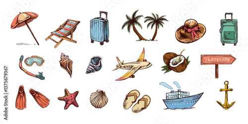 Hand drawn colored sketch set of travel icons. Sea  Tourism and adventure icons. Сlipart with travelling elements:  transport, palm, seashells,  luggage, beach, diving equipment.