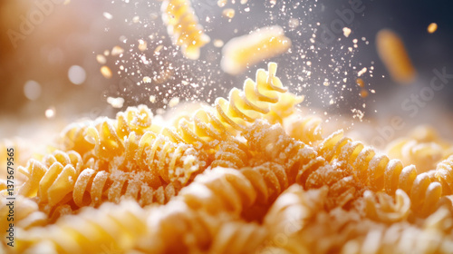 golden pasta with several individual strands floating around it.