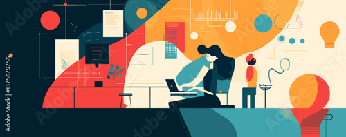 Abstract workspace with woman at desk in modern office setting - vector.