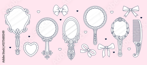 Outline Vintage Coquette Hand Ornament Mirror and Comb with Ribbon Bow set. Romantic Girly Vibe. Vector illustration. Isolated Trendy Aesthetic beauty accessories linear hand drawing on Pink