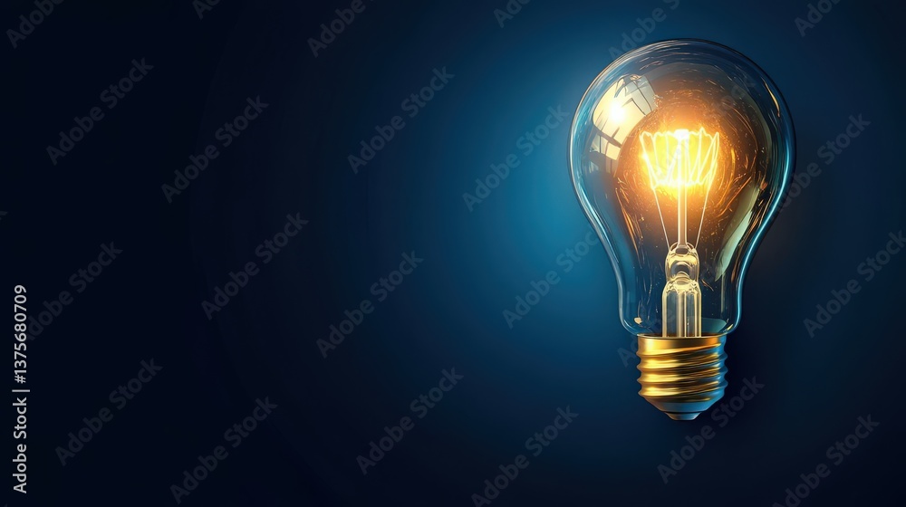 A photorealistic 3D render of a glowing light bulb on a dark blue background, featuring ample copy space for text or branding. Ideal for innovation and creativity themes. A photorealistic 3D render of a glowing light bulb on a dark blue background, featuring ample copy space for text or branding. Ideal for innovation and creativity themes.