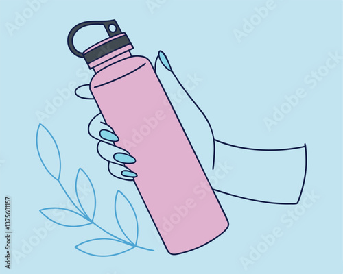 Hand holding a stylish pink reusable water bottle for hydration.