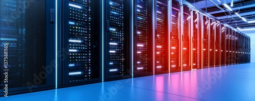 A modern data center with illuminated server racks showcasing technology and connectivity in a high tech environment. Bright digital hub.