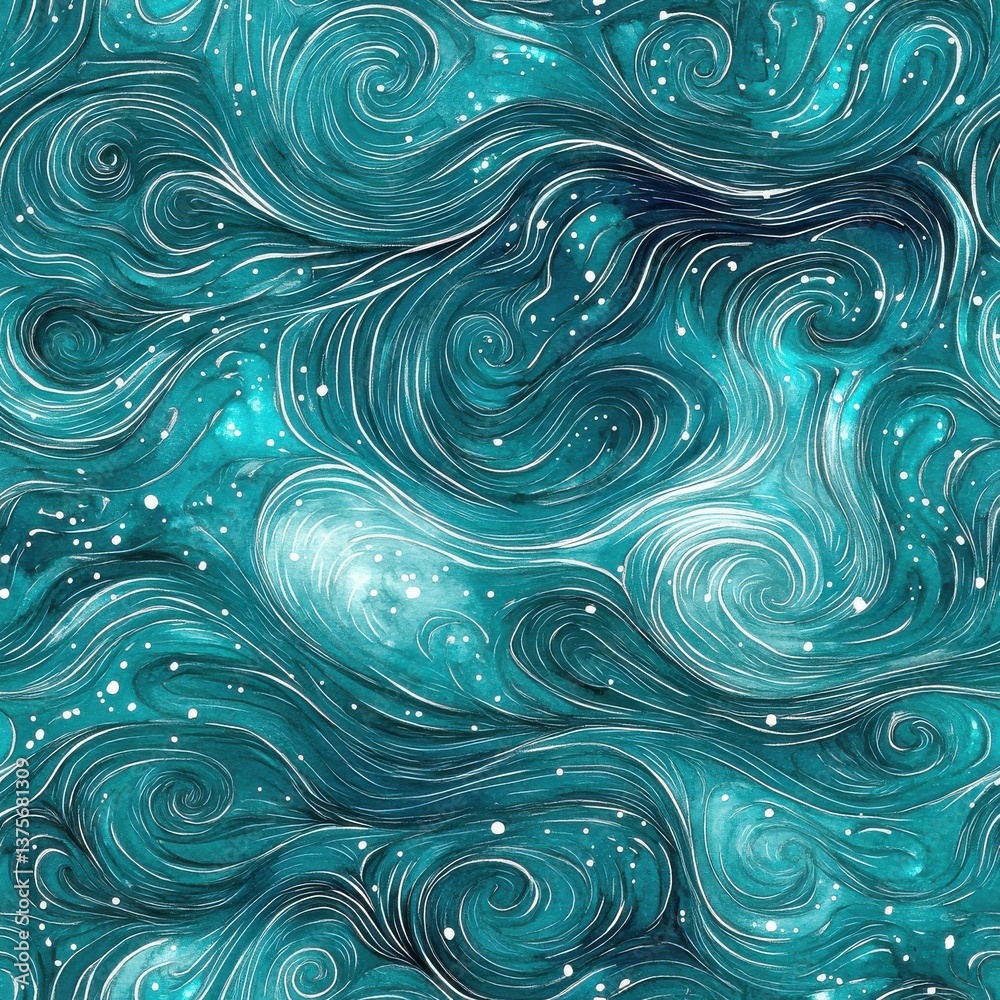 Turquoise abstract watercolor pattern with swirling lines, celestial elements and organic feel for decorative use Turquoise abstract watercolor pattern with swirling lines, celestial elements and organic feel for decorative use