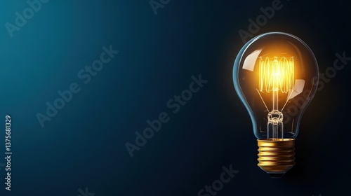 A photorealistic 3D render of a glowing light bulb on a dark blue background, featuring ample copy space for text or branding. Ideal for innovation and creativity themes.