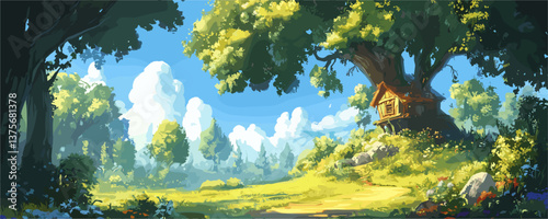 Enchanting treehouse in lush forest clearing with sunny sky and clouds - vector.