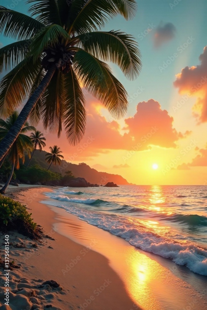 Fototapeta premium Palm trees swaying in tropical ocean breeze with sandy shoreline and warm sunset glow, sunset, beach, coastal