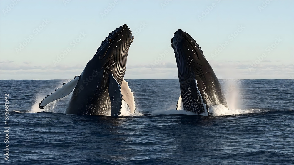 Fototapeta premium Two Humpback Whales Breaching in the Ocean