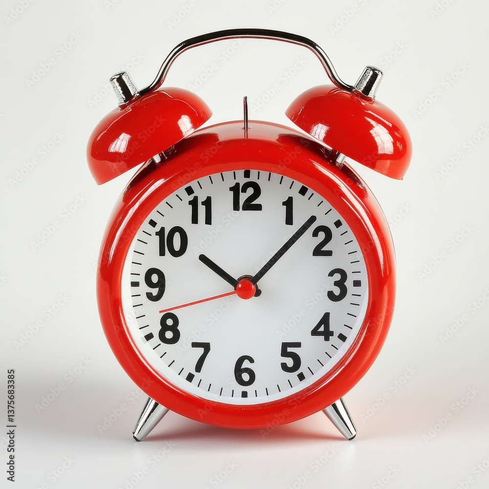 A classic alarm clock in bright red showing 10:10, with a white face and black numerals and chrome accents on a white background A classic alarm clock in bright red showing 10:10, with a white face and black numerals and chrome accents on a white background