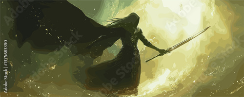 Mysterious warrior silhouette with sword against glowing battlefield background vector.
