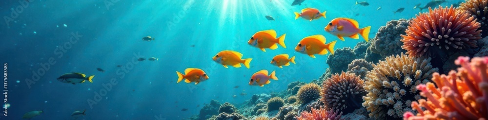 Naklejka premium School of colorful fish swimming together in a coral reef , ocean views, schools of fish