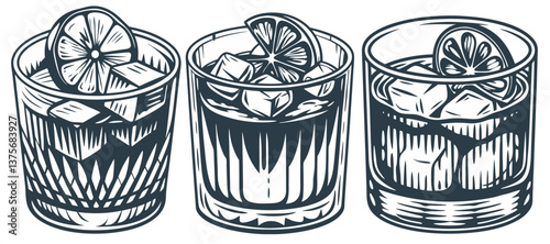 Old fashioned cocktail set or whiskey, cognac with ice and slice of orange for cocktail bar or drink summer party. Brandy or negroni alcohol cocktail vector for beach bar and cafe menu.
