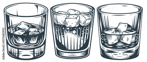 Vintage style rocks glass holding whiskey set, ice cubes creating sophisticated drinking ambiance with classic graphic design for bar and beverage design