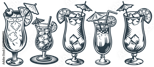 Pina Colada cocktail set with leaves and slice of pineapple for cocktail bar or drink summer party. Pina alcohol cocktail vector with rum for beach bar and cafe menu.