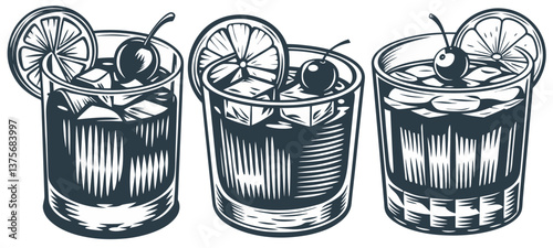Negroni cocktail set or whiskey, cognac with ice and slice of orange for cocktail bar or drink summer party. Brandy or alcohol cocktail vector for beach bar and cafe menu. Old fashioned