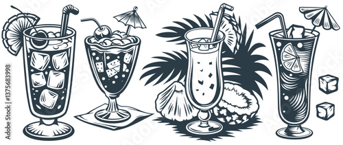 Pina Colada cocktail set with leaves and slice of pineapple for cocktail bar or drink summer party. Pina alcohol cocktail vector with rum for beach bar and cafe menu.
