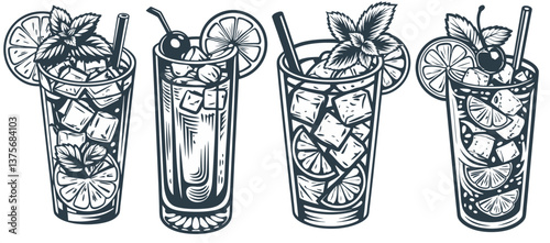 Mojito cocktail set with mint and lime for cocktail bar or drink summer party. Gin rickey cocktail vector with rum, bourbon for beach bar and cafe menu.