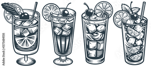 Mojito cocktail set with mint and lime for cocktail bar or drink summer party. Gin rickey cocktail vector with rum, bourbon for beach bar and cafe menu.