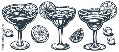 Martini or daiquiri cocktail vector set with strawberry and lime for cocktail bar or drink summer party. Margarita cocktail with rum, tequila for beach bar and cafe menu