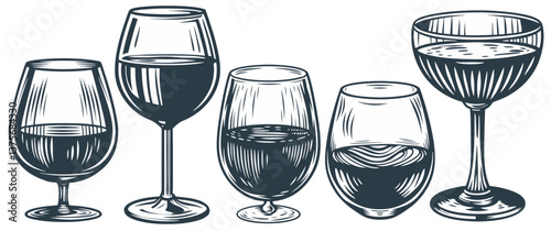 Wine glass set and stemware are depicted, each holding a different type of alcoholic beverage, showcasing the variety available for connoisseurs and enthusiasts