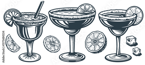 Martini or daiquiri cocktail vector set with strawberry and lime for cocktail bar or drink summer party. Margarita cocktail with rum, tequila for beach bar and cafe menu