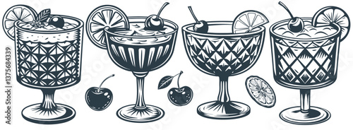 Old fashioned cocktail set or whiskey, cognac with ice and slice of orange for cocktail bar or drink summer party. Brandy or negroni alcohol cocktail vector for beach bar and cafe menu.