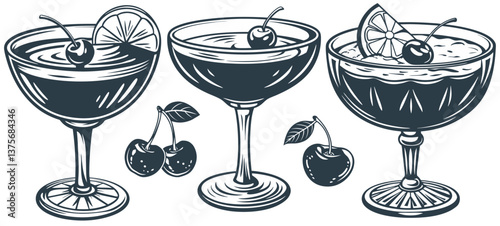 Cosmopolitan cocktail set with lime and cherry for summer party. Ping alcochol cocktail for beash bar. Cosmo with vodka and cranbery for design of menu