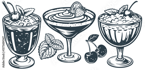 Cocktail set with martini, pina colada, mojito, negroni, Mai Tai for design of surfing, tiki or beach bar menu. Alcohol cocktails for drink party, summer vibes
