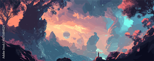 Surreal dreamscape with colorful sky and silhouetted figure in fantasy landscape - vector.