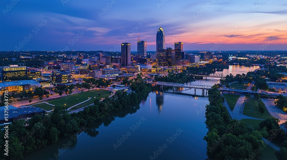 Fototapeta premium Cityscape at sunset with river reflection.