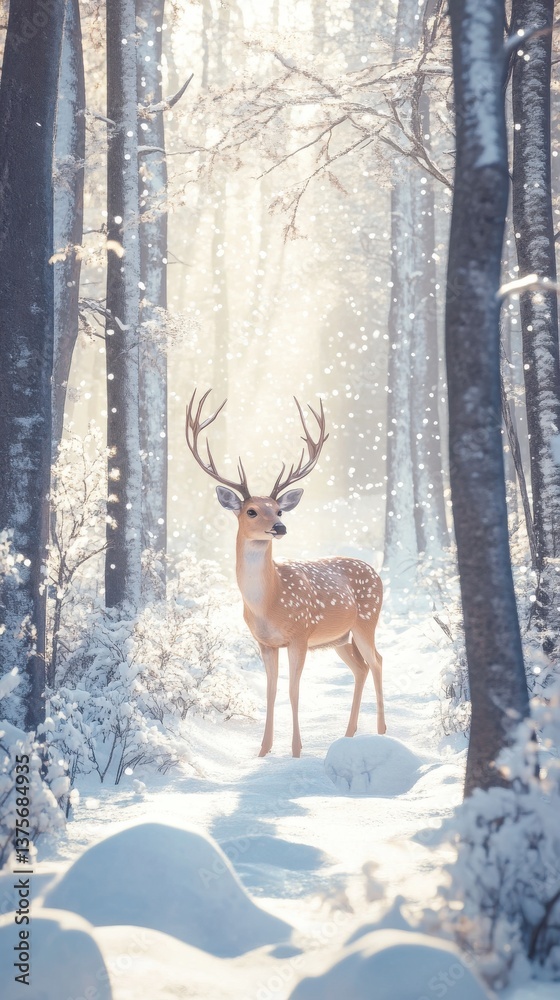 Fototapeta premium Majestic Deer Stands in Snowy Forest Clearing with Sun Rays Filtering Through Trees creating magical winter scene